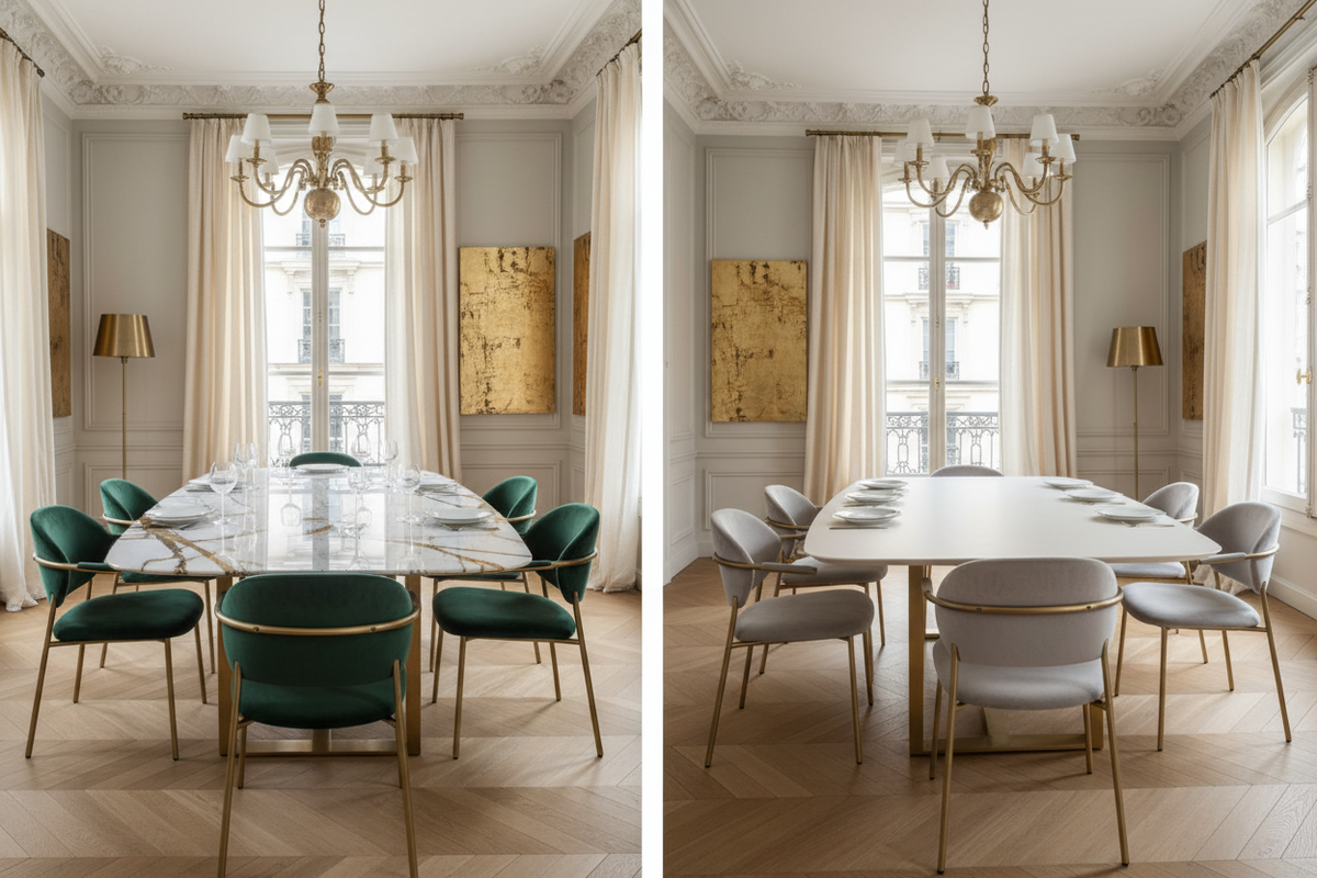 Table céramique effet travertin et table effet marbre pour salle à manger moderne - DECORAMA France
