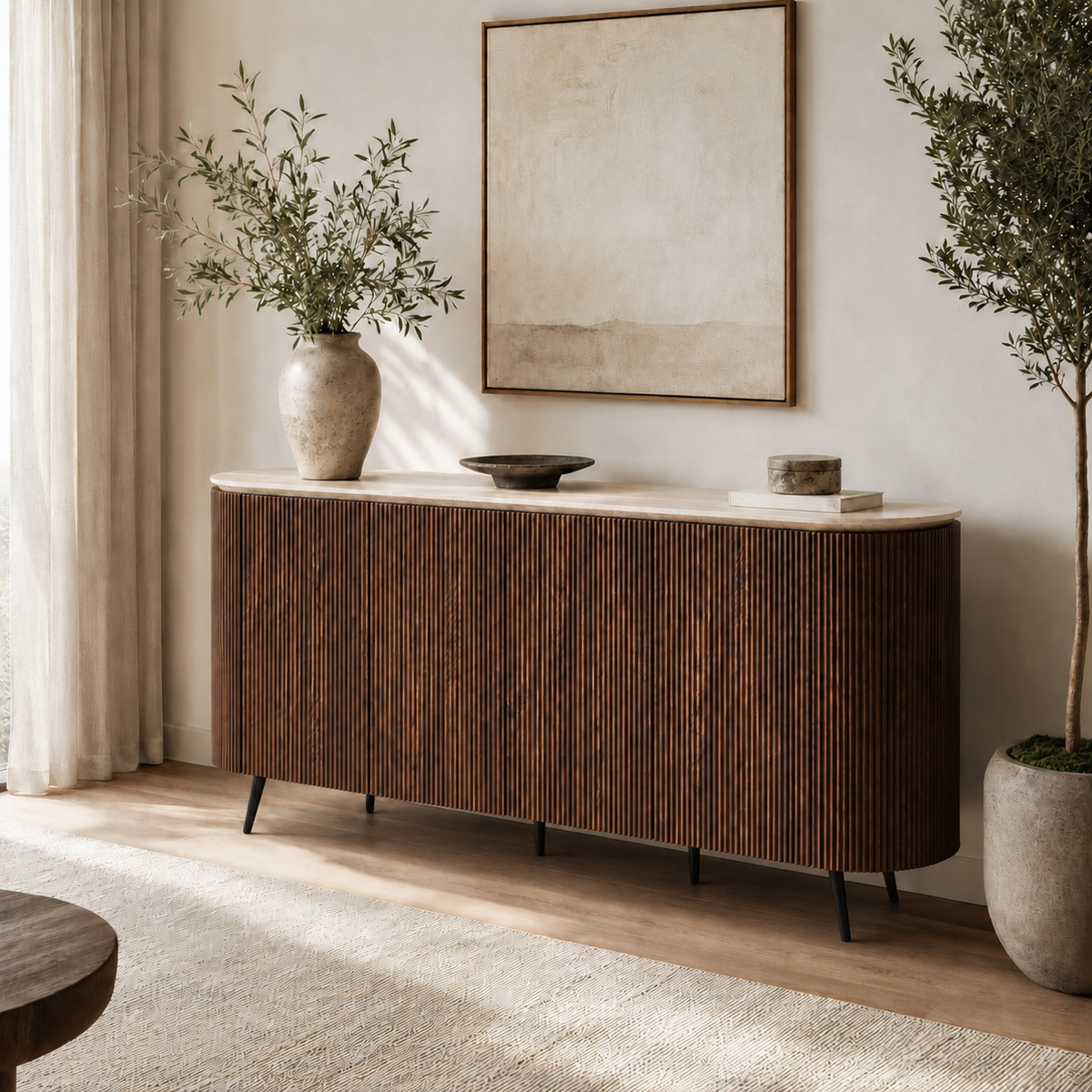 Buffet STONEA plateau céramique noyer 4 portes 180x40x85cm