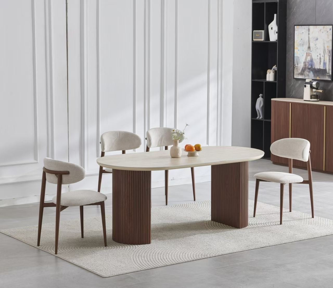 Table à manger CALYPSO effet travertin en céramique noyer