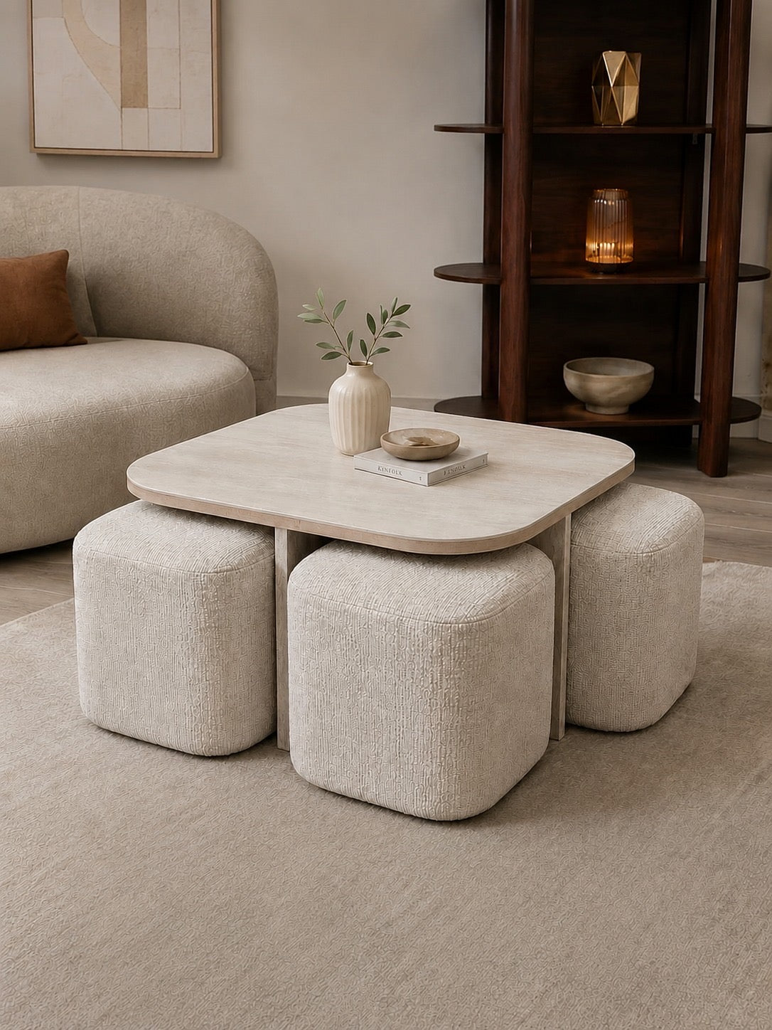 Table basse MARBELLA + 4 poufs