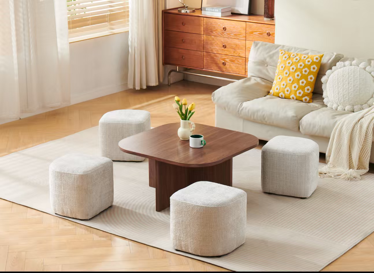 Table basse MARBELLA + 4 poufs noyer