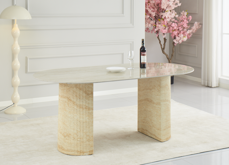 Table à manger ANNA plateau céramique brillant effet travertin