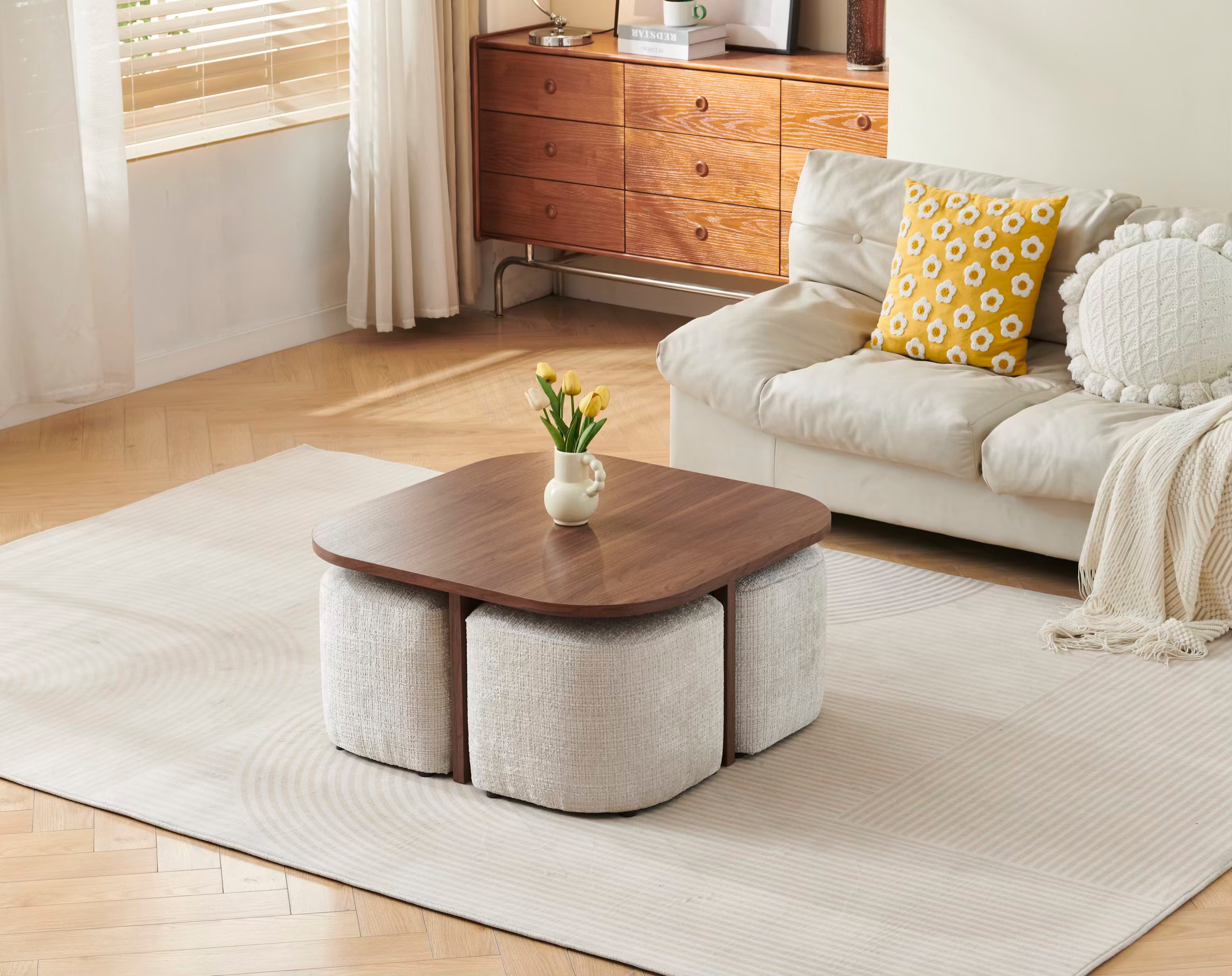 Table basse MARBELLA + 4 poufs noyer