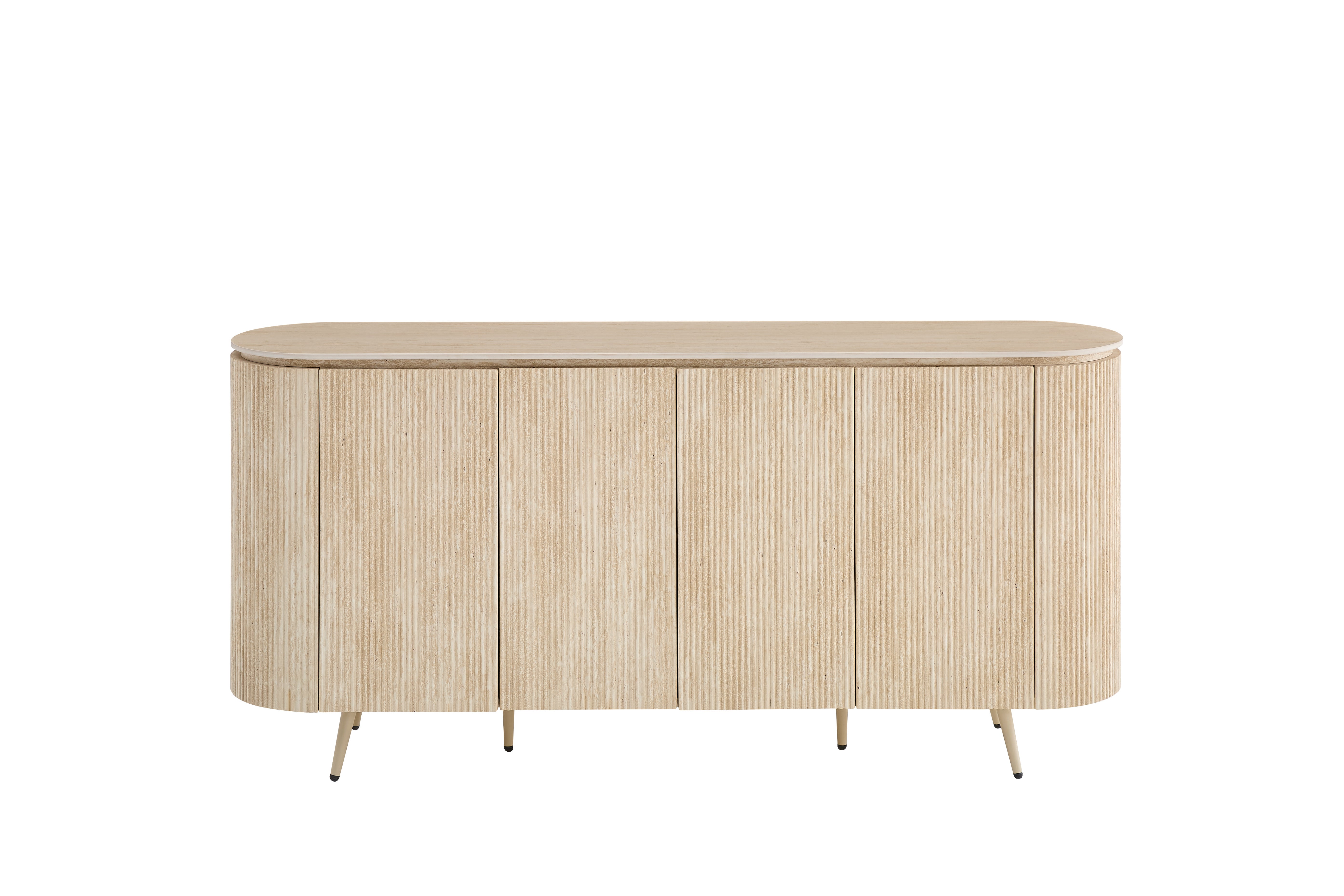 BUFFET STONEA PLATEAU CERAMIQUE TRAVERTIN MAT STRUCTURE EFFET NOYER 4 PORTES 180x40x85cm
