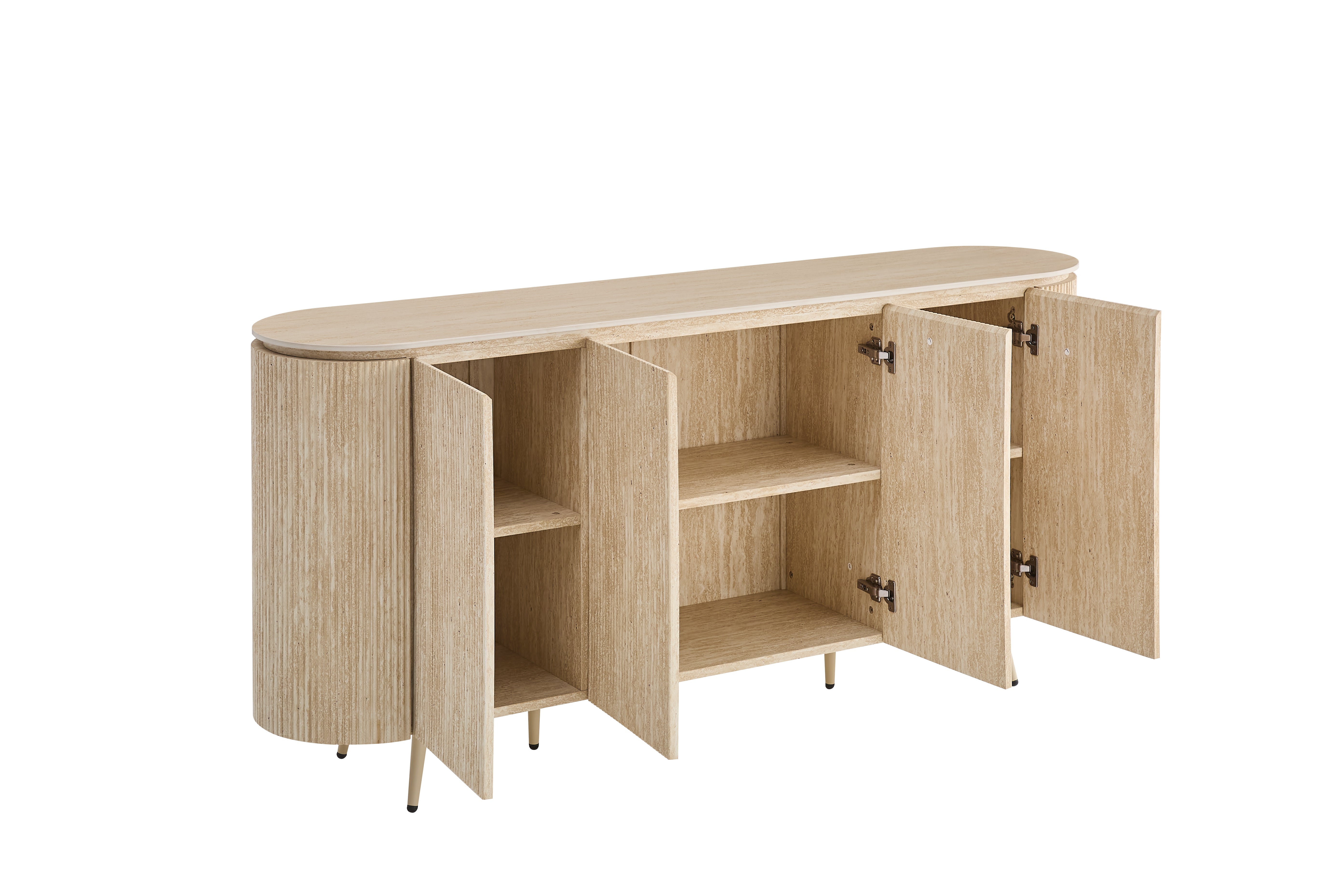 BUFFET STONEA PLATEAU CERAMIQUE TRAVERTIN MAT STRUCTURE EFFET NOYER 4 PORTES 180x40x85cm