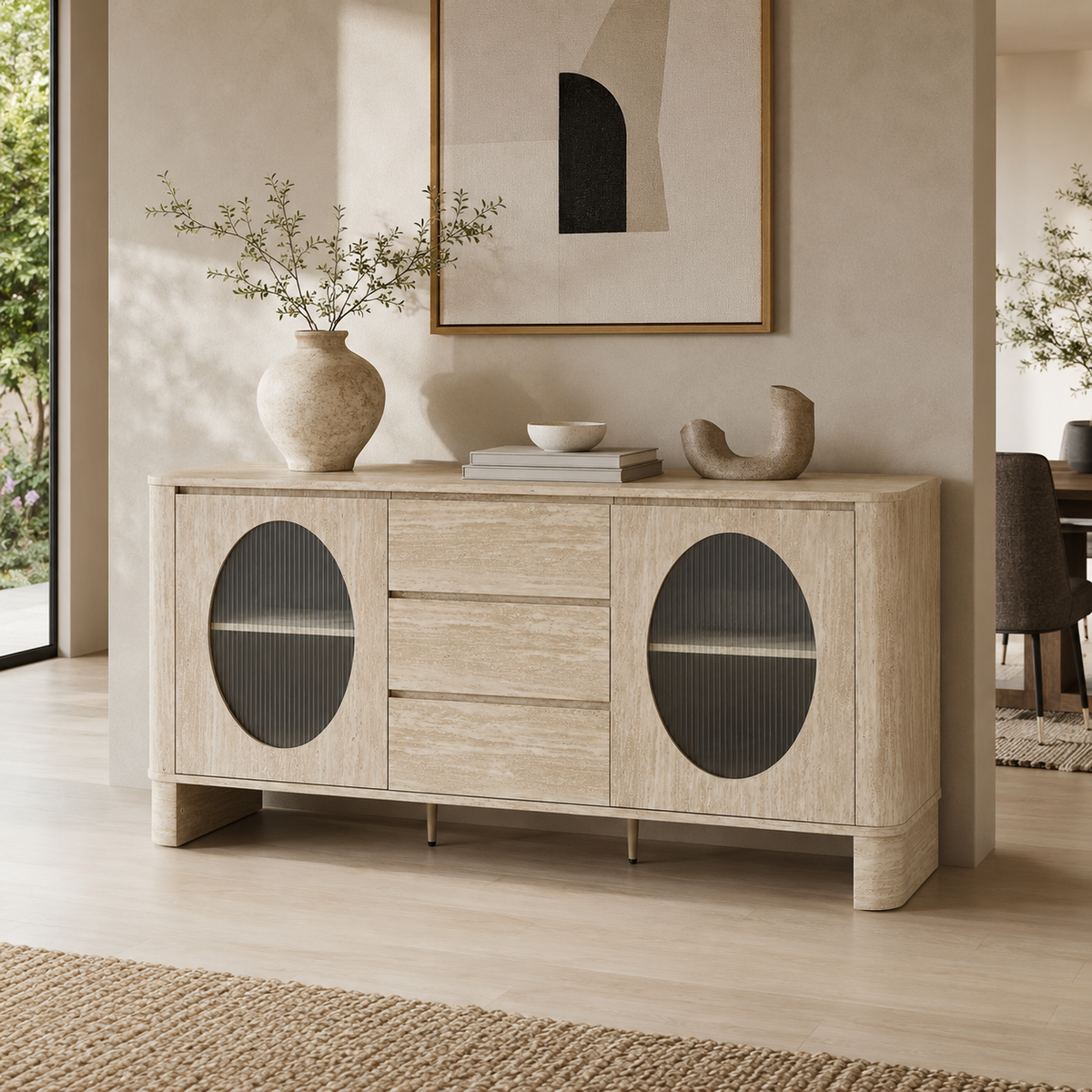 Buffet ODÉO plateau céramique noyer effet travertin 180cm