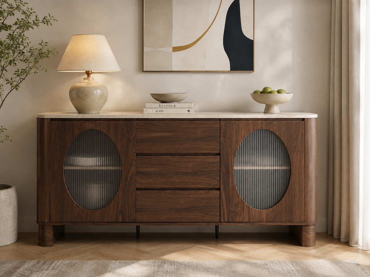 Buffet ODÉO plateau céramique noyer effet travertin 180cm