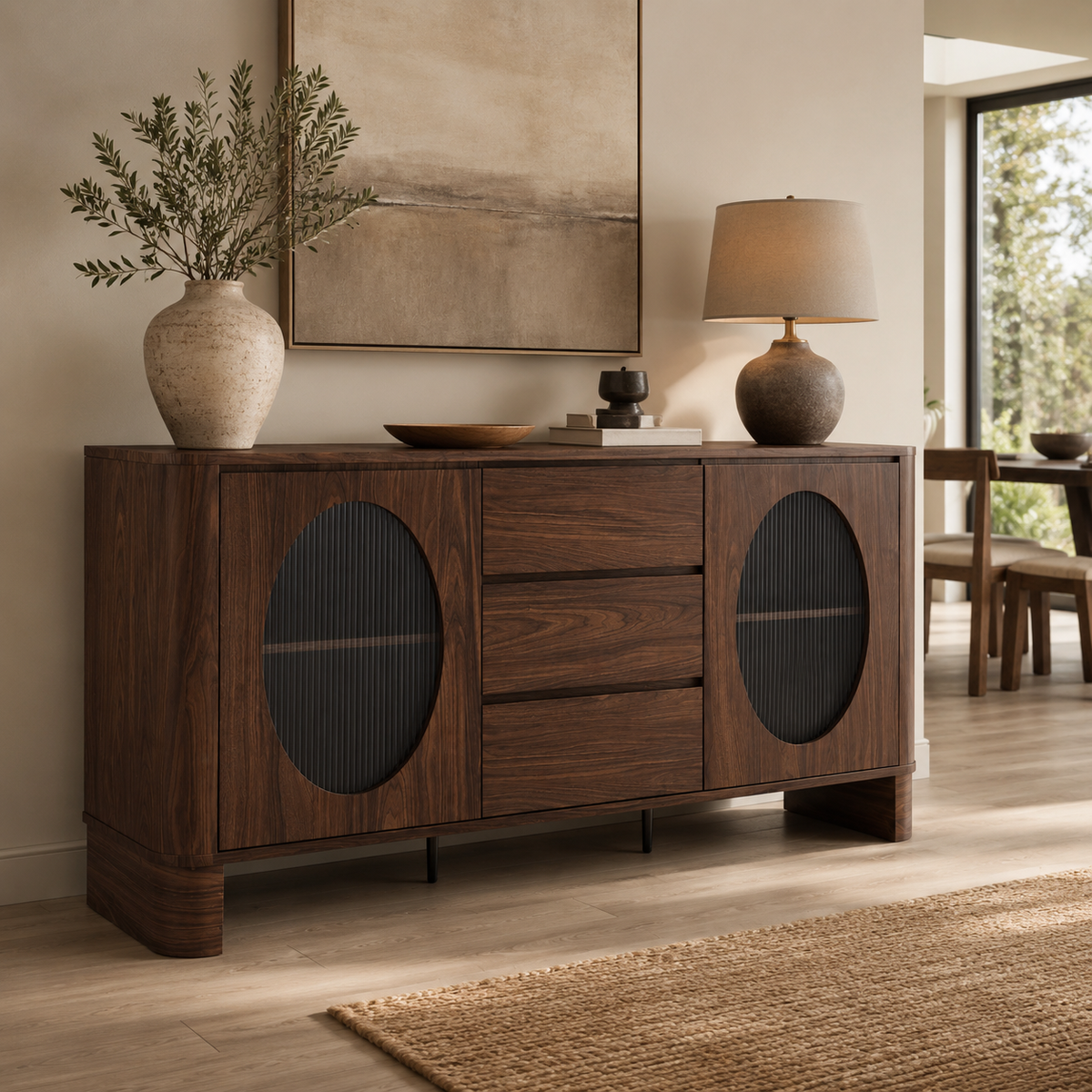 Buffet ODÉO plateau céramique noyer effet travertin 180cm