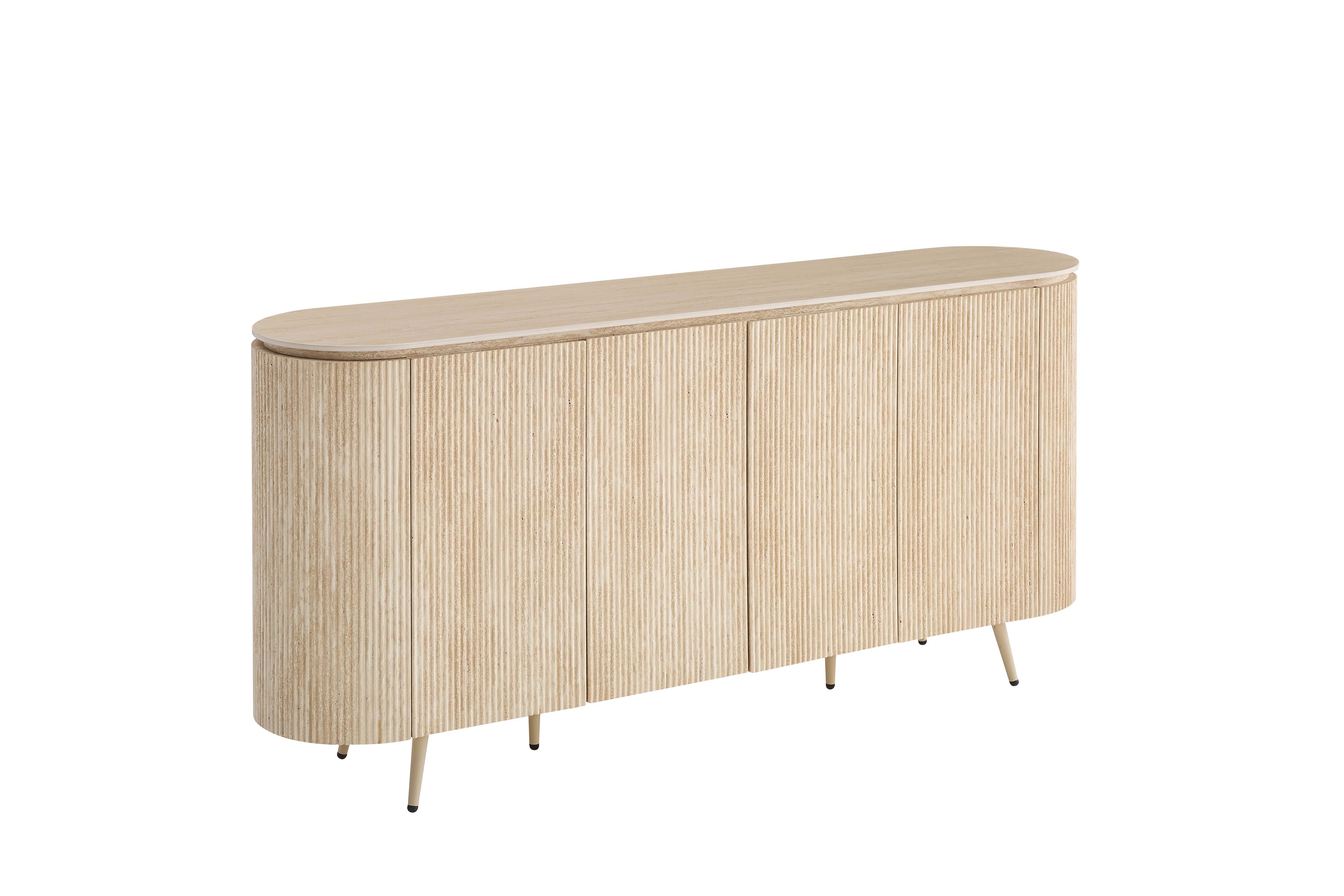 BUFFET STONEA PLATEAU CERAMIQUE TRAVERTIN MAT STRUCTURE EFFET NOYER 4 PORTES 180x40x85cm