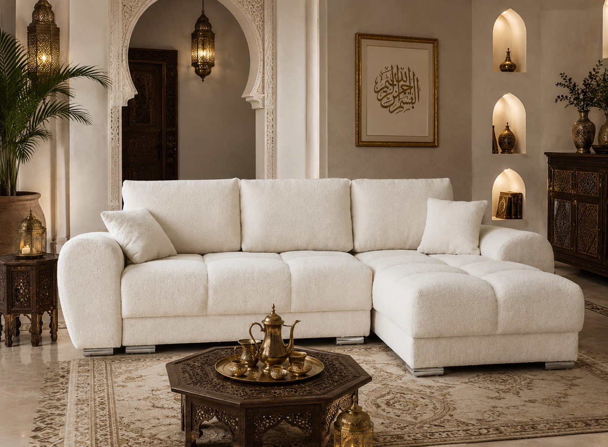 Canapé AZRA convertible + coffre de rangement beige 290x190x85cm