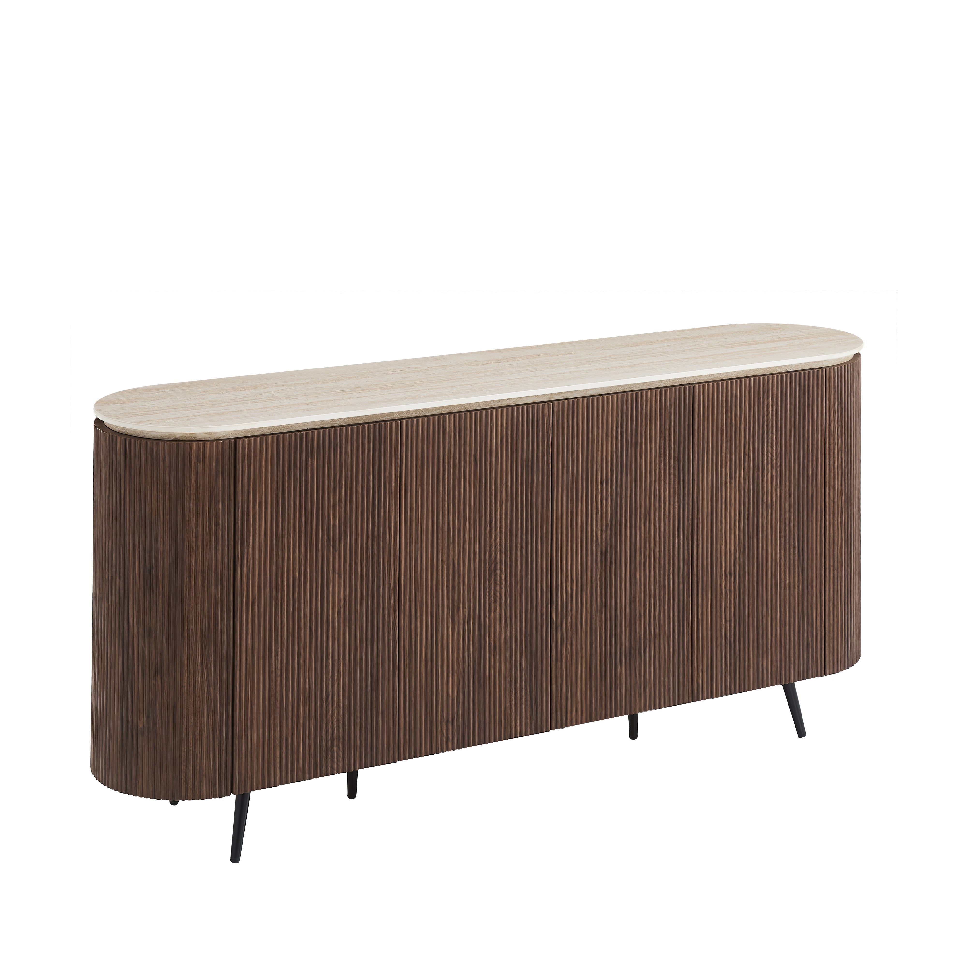 BUFFET STONEA PLATEAU CERAMIQUE TRAVERTIN MAT STRUCTURE EFFET NOYER 4 PORTES 180x40x85cm