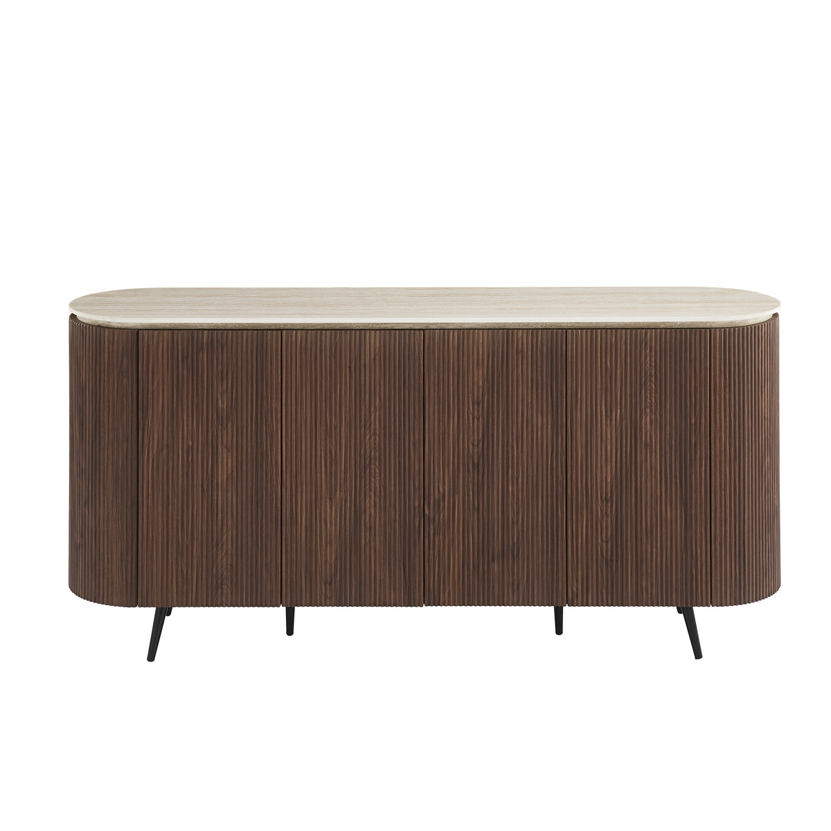 BUFFET STONEA PLATEAU CERAMIQUE TRAVERTIN MAT STRUCTURE EFFET NOYER 4 PORTES 180x40x85cm