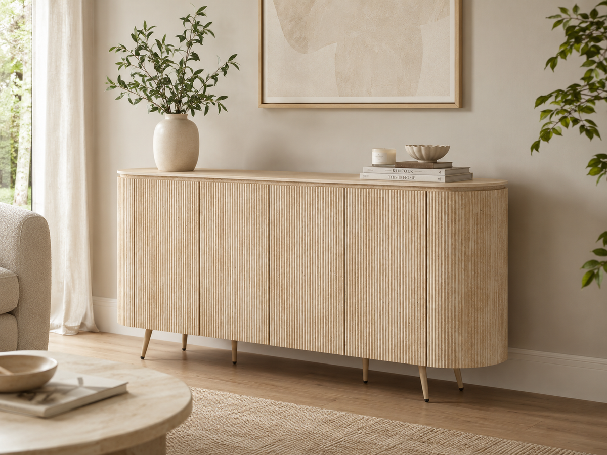 BUFFET STONEA PLATEAU CERAMIQUE TRAVERTIN MAT STRUCTURE EFFET NOYER 4 PORTES 180x40x85cm