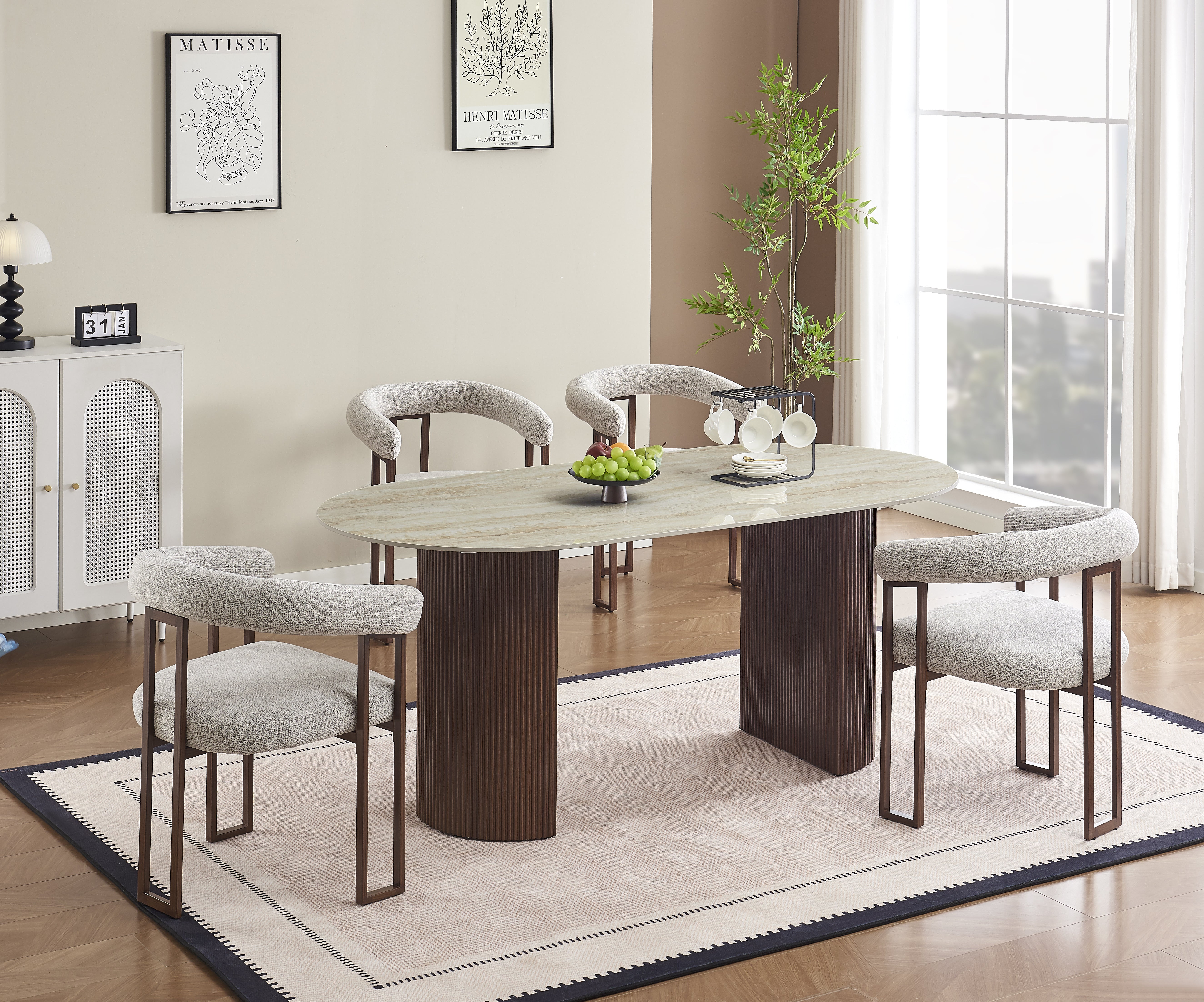 Table à manger ANNA pieds noyer, plateau céramique brillant effet travertin