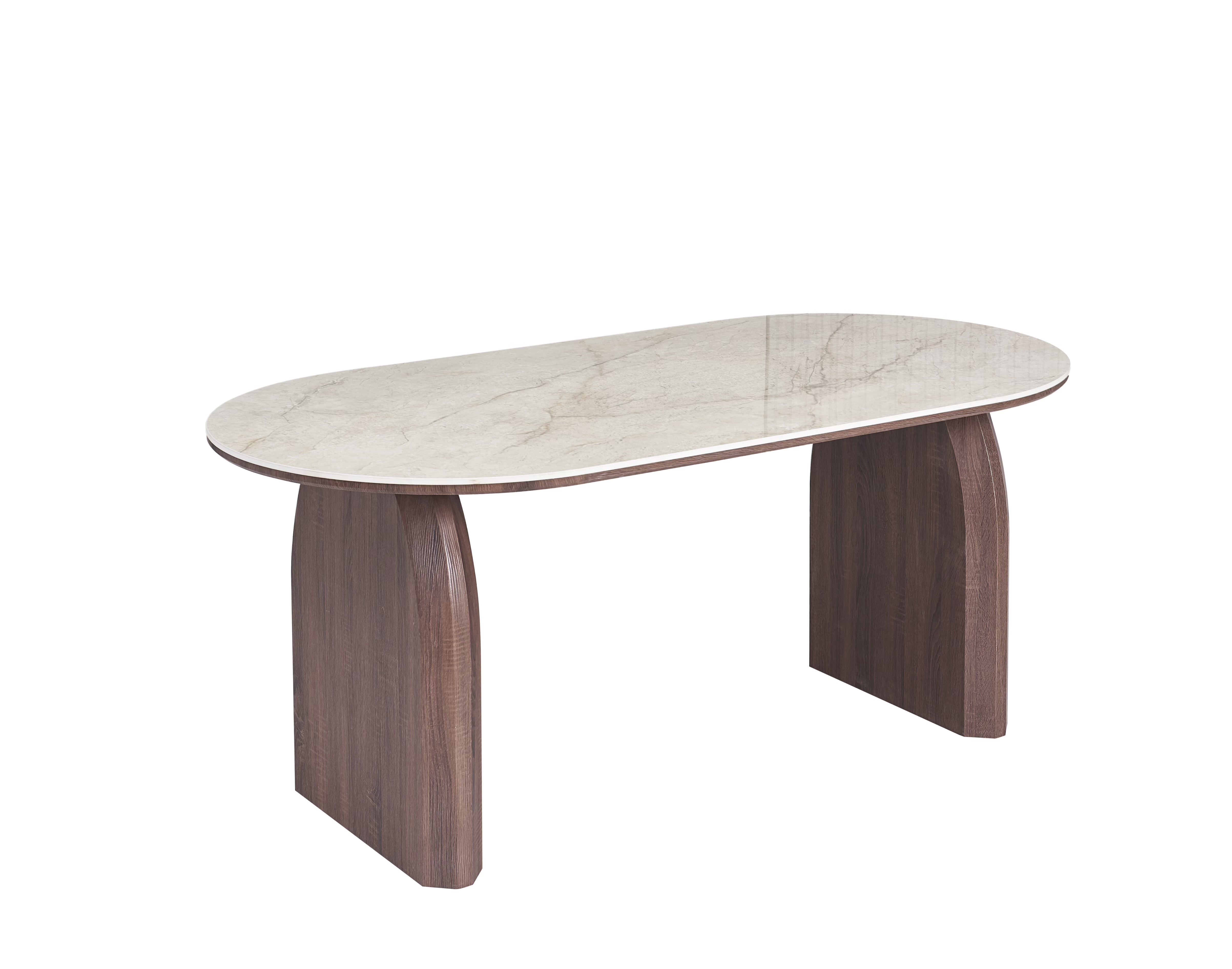 Table à manger design Fluide en céramique effet pierre avec piètement effet noyer vue en perspective