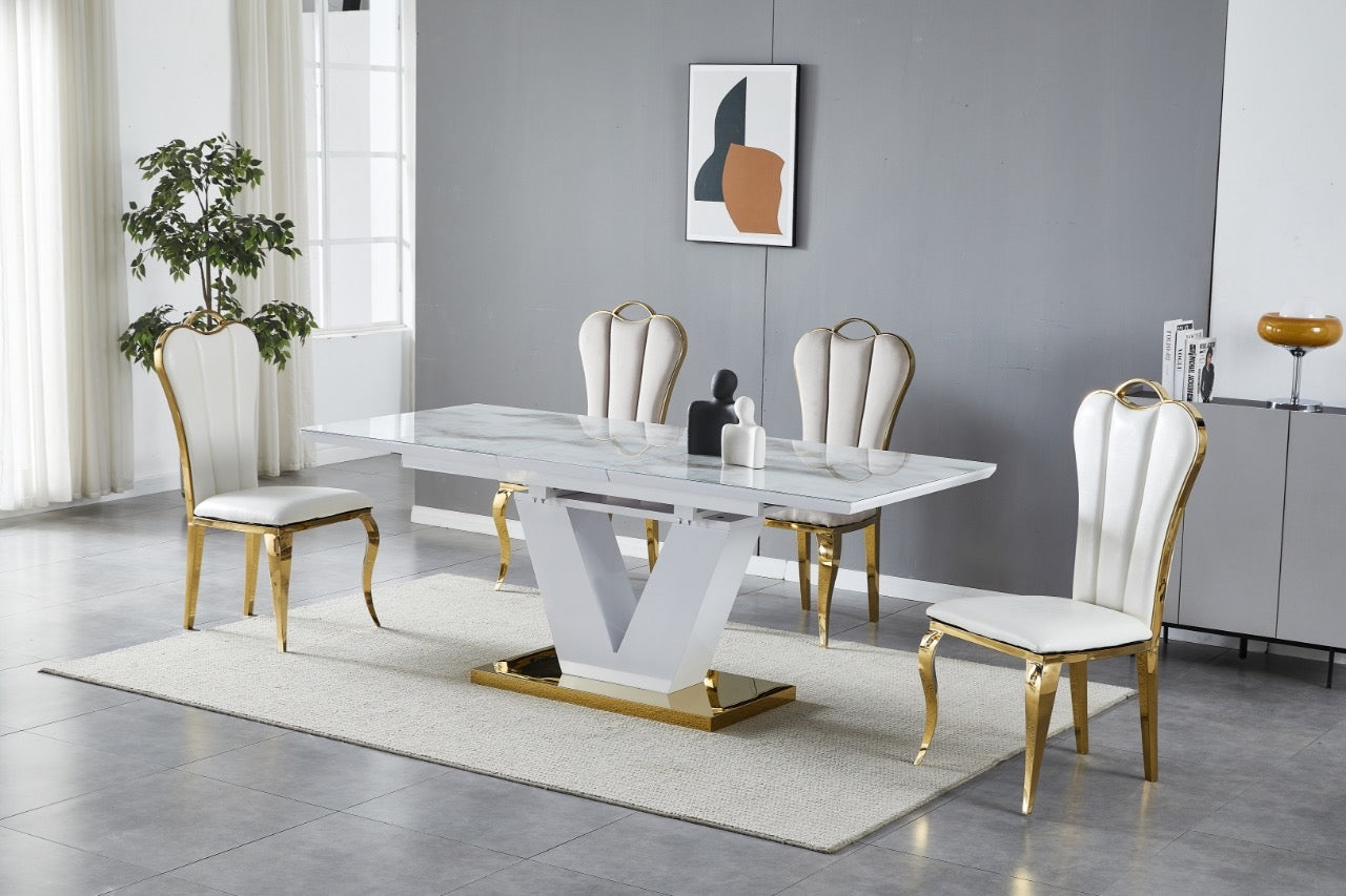 Table extensible V effet marbre beige avec pieds dorés