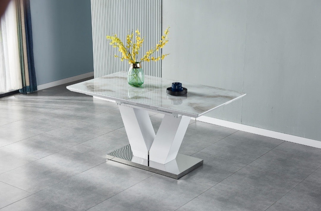 Table à manger moderne blanche et marbre beige extensible